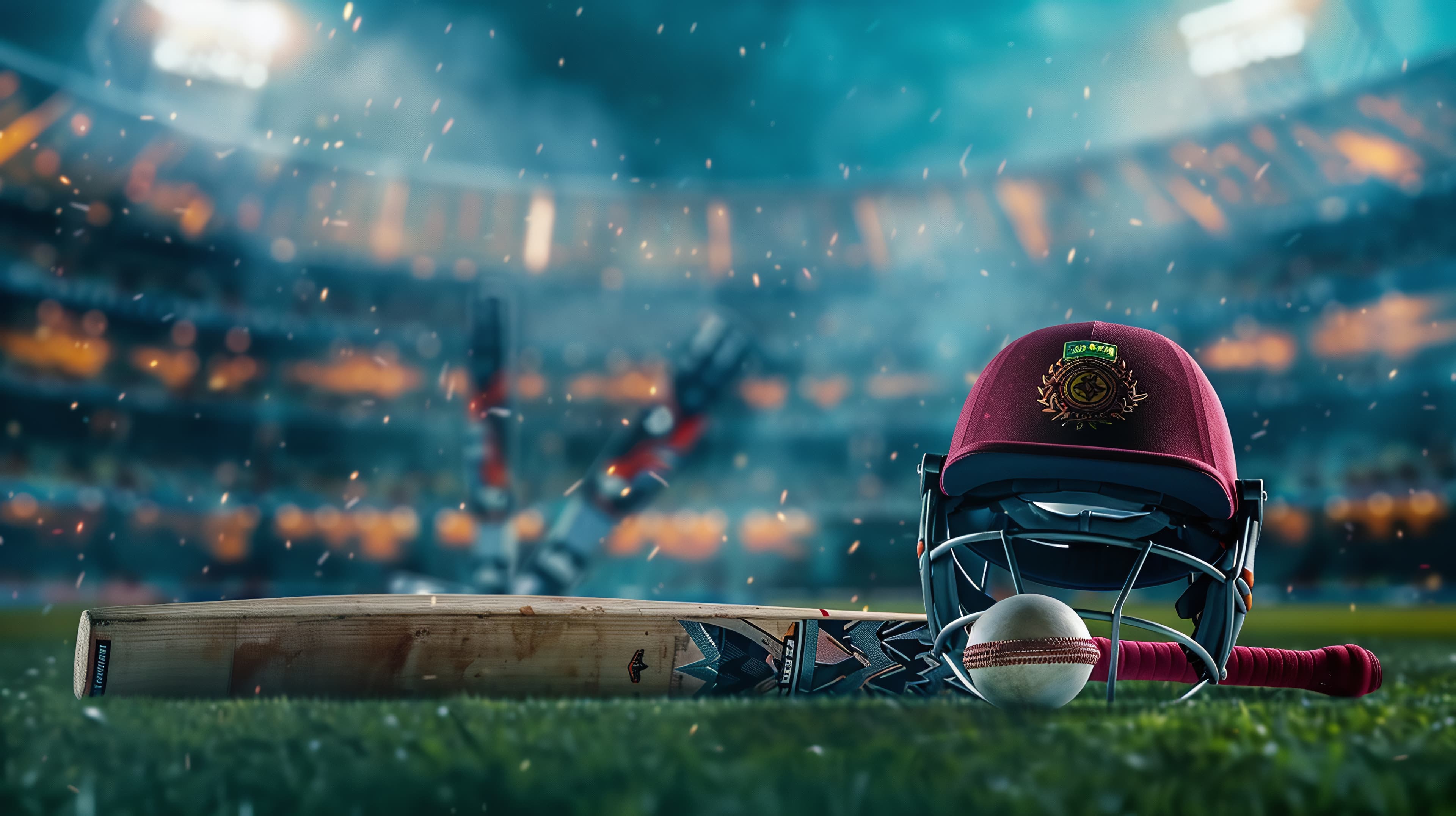 Cricket equipment - bat, helmet, and ball on grass with stadium background